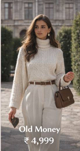 Old money aesthetic women outfit with cream knit sweater and tailored wide-leg trousers