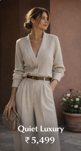 Quiet luxury women co-ord set in neutral tones with minimalist tailoring